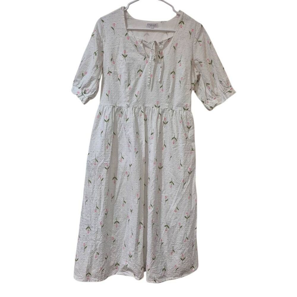 Sweet Salt Modest White & Pink Floral Midi Dress with Puff Sleeves - Size Medium - Picture 3 of 12